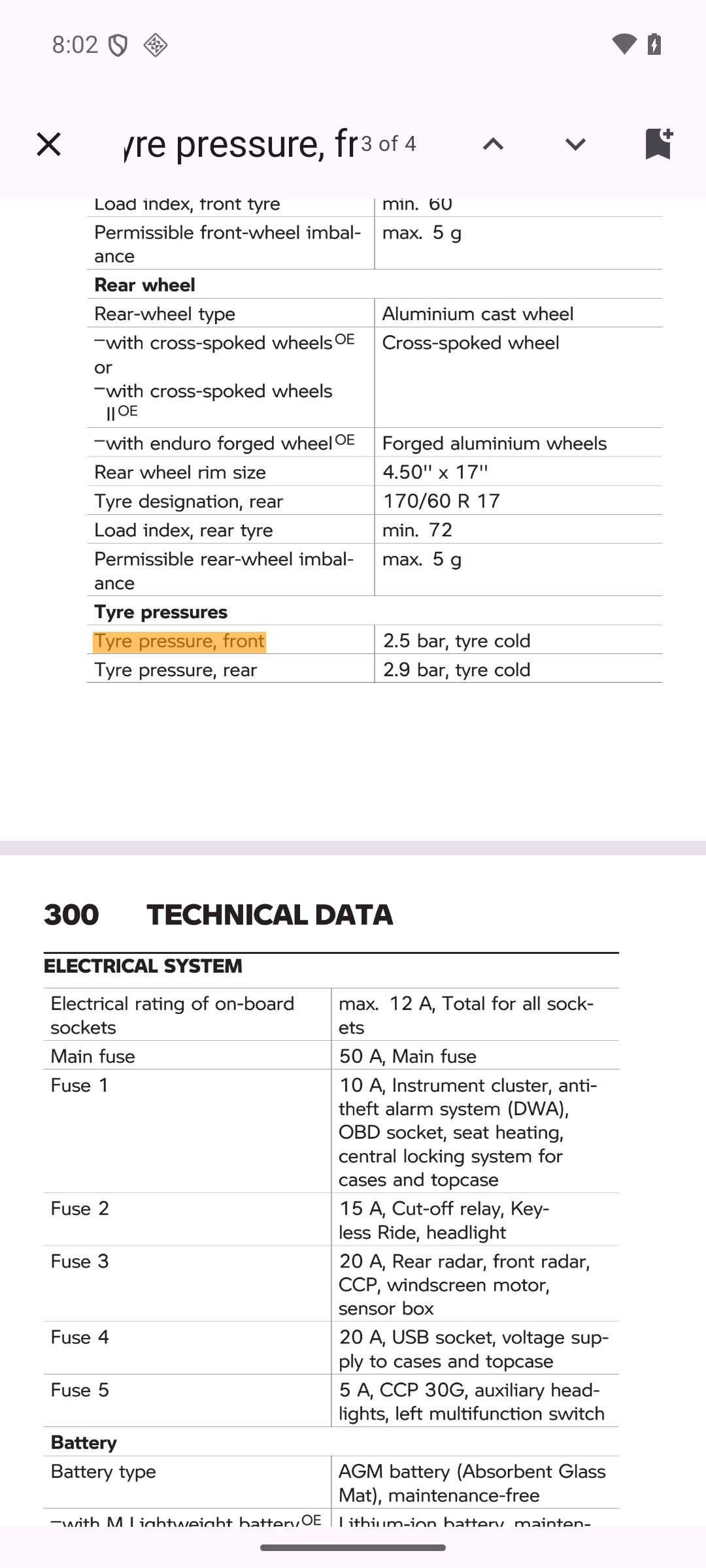 Manuals for BMW Motorrad: searching inside a manual