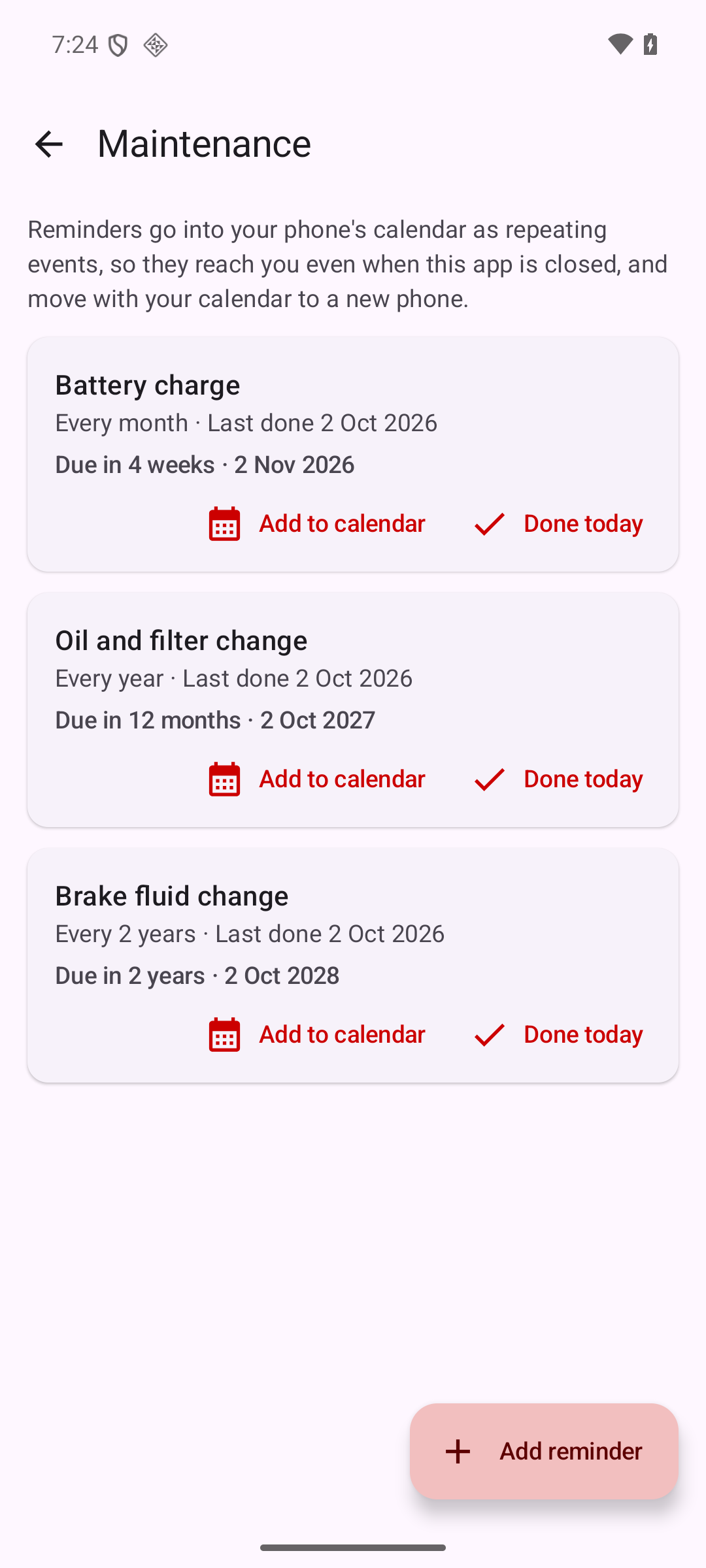 Manuals for Honda: maintenance reminders