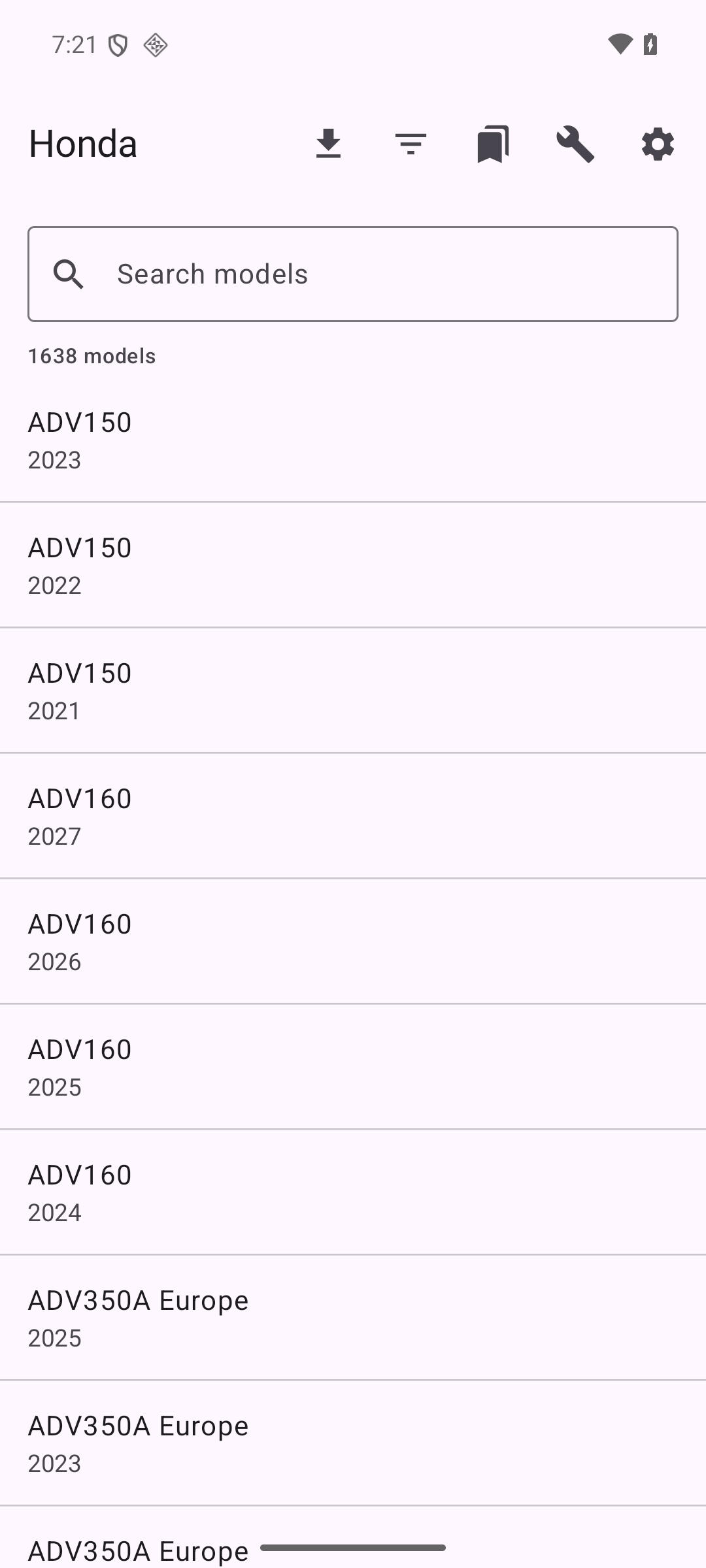 Manuals for Honda: the model list