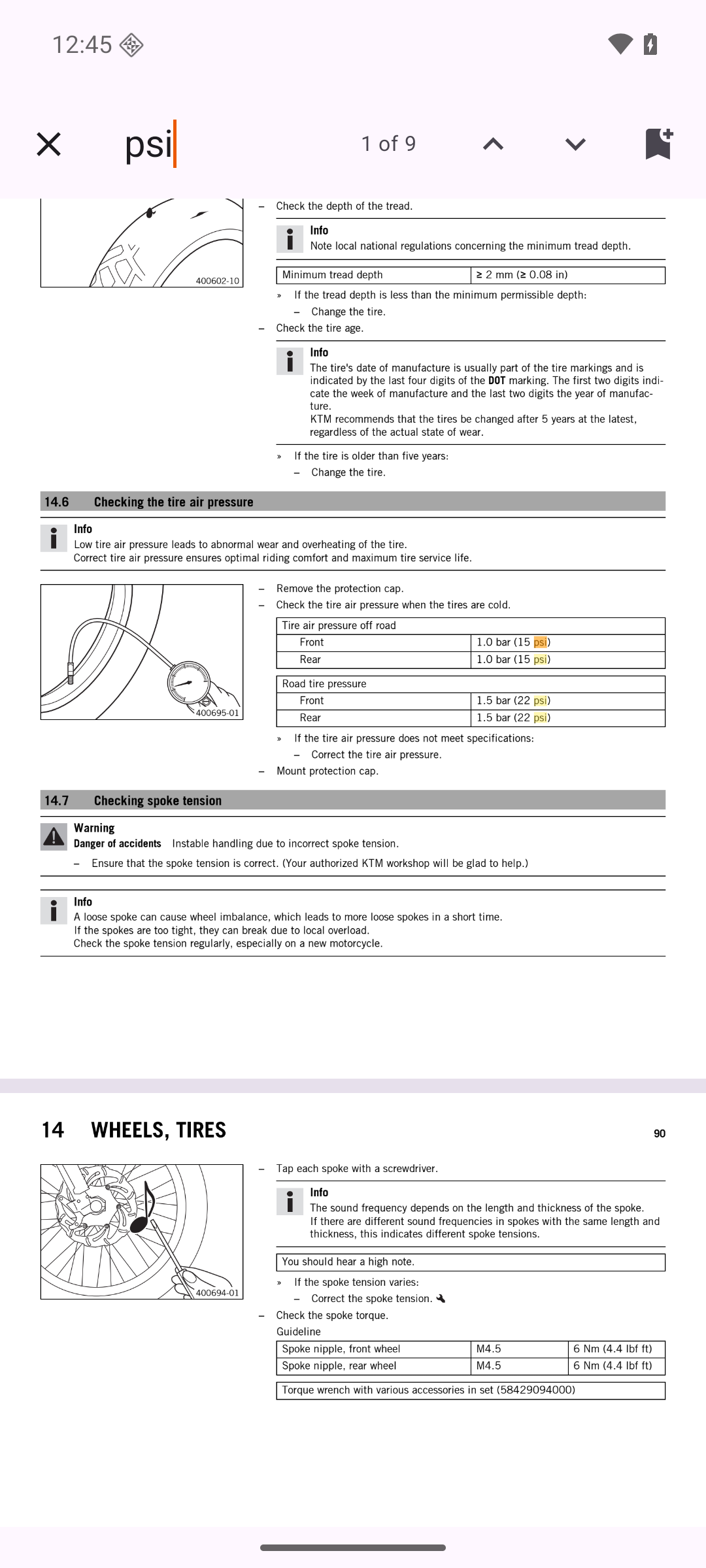 Manuals for KTM: searching inside a manual